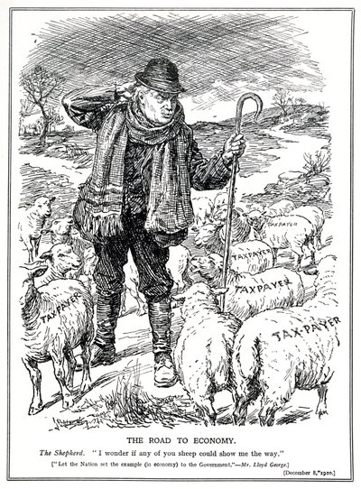 Lloyd George als Hirte von Großbritannien bittet die Steuerzahler (Schafe), die Erholung der Wirtschaft zu führen, Dezember 1920 von English School