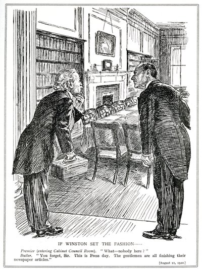 Lloyd George betritt einen Kabinettsraum ohne Minister, die damit beschäftigt sind, Artikel für die Zeitungen zu schreiben, August 1920 von English School