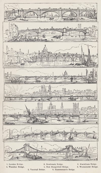London Bridge, Southwark Bridge, Blackfriars Bridge, Waterloo Bridge, New Hungerford Bridge, Westminster Bridge, Vauxhall Bridge, Hammersmith Bridge (Stich) von English School