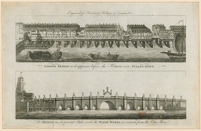 London Bridge, bevor die Häuser abgerissen wurden, und in ihrem jetzigen Zustand von English School