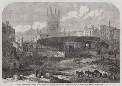 Londoner Verbesserungen, Teil des Geländes des St. Thomas-Krankenhauses und Charing-Cross-Eisenbahnarbeiten in Southwark von English School