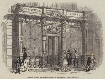 Londoner Straßenarchitektur, neue Schaufensterfront, Regent-Street (Gravur) von English School