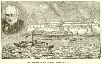 Lord Armstrong und Elswick-Werke vom Tyne aus von English School
