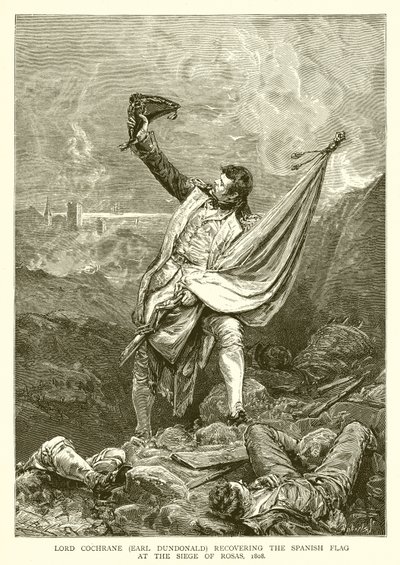 Lord Cochrane (Earl Dundonald) erobert die spanische Flagge bei der Belagerung von Rosas, 1808 von English School
