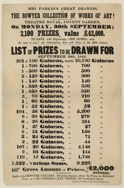 Lotterieanzeige. Die Bowyer-Sammlung von Kunstwerken von English School
