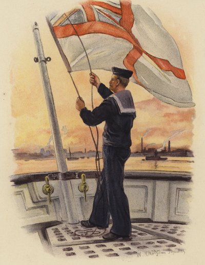Das Einholen der Flagge bei Sonnenuntergang von English School
