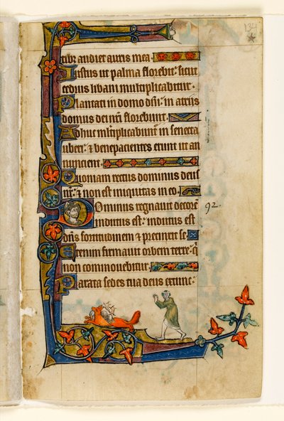 MS 1-2005, fol. 134r: Ein Fuchs, der mit der Ente der Bäuerin davonläuft, Randdekoration aus dem Macclesfield Psalter, Use of Sarum, Ostanglien, um 1330 von English School