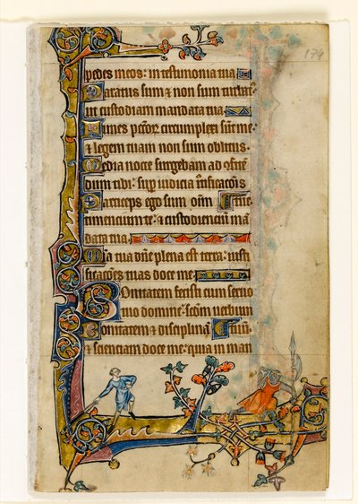 MS 1-2005, fol. 174r: David und Goliath, Randdekoration aus dem Macclesfield Psalter, Use of Sarum, Ostanglien, um 1330 von English School