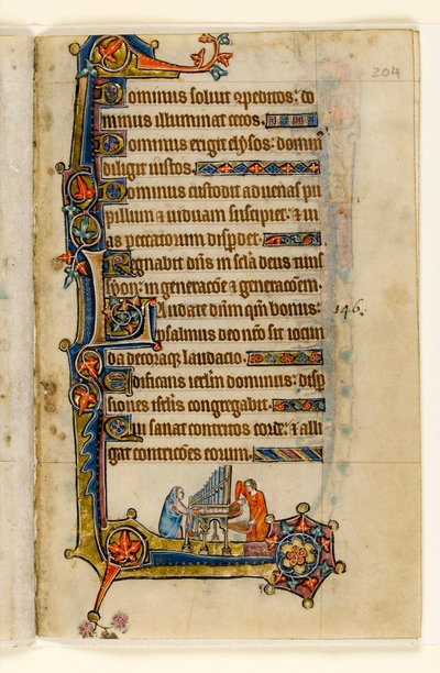 MS 1-2005, fol. 204r: Orgelspiel, Randdekoration aus dem Macclesfield Psalter, Use of Sarum, Ostanglien, um 1330 von English School