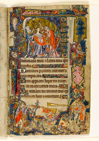 MS 1-2005, fol. 39r: Die Salbung Davids und Trompeter, historiierte Initiale aus dem Macclesfield Psalter, Use of Sarum, Ostanglien, um 1330 von English School