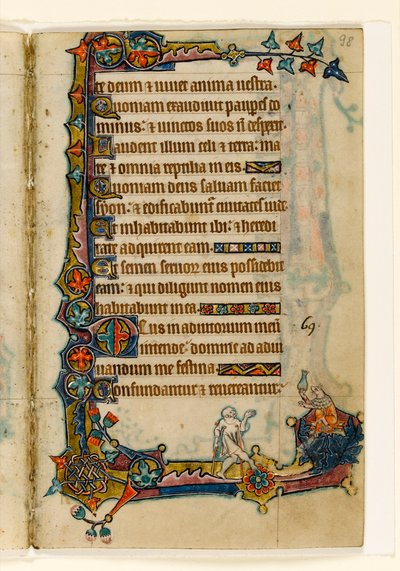 MS 1-2005, fol. 98r: Ein Bettler und ein wohlhabendes Schwein (?), Randdekoration aus dem Macclesfield Psalter, Use of Sarum, Ostanglien, um 1330 von English School