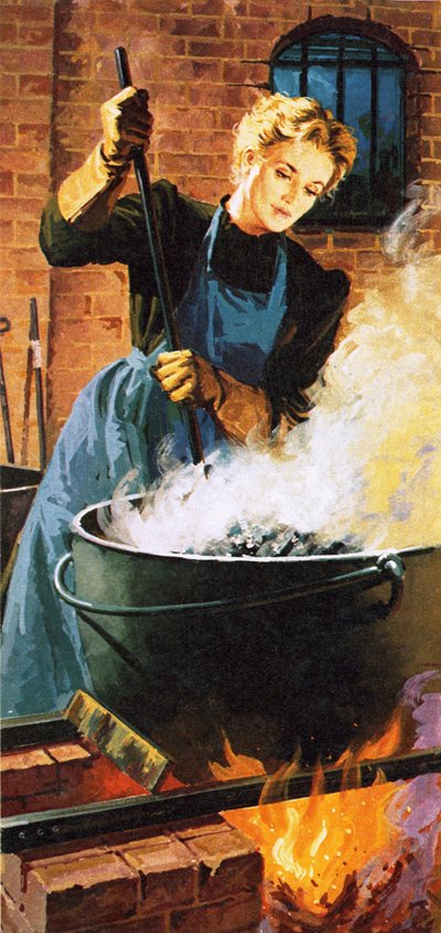 Madame Curie bei der Arbeit in ihrem Labor von English School