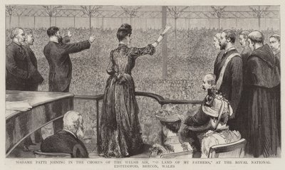 Madame Patti singt im Chor des walisischen Liedes "O Land meiner Väter" beim Royal National Eisteddfod, Brecon, Wales (Stich) von English School