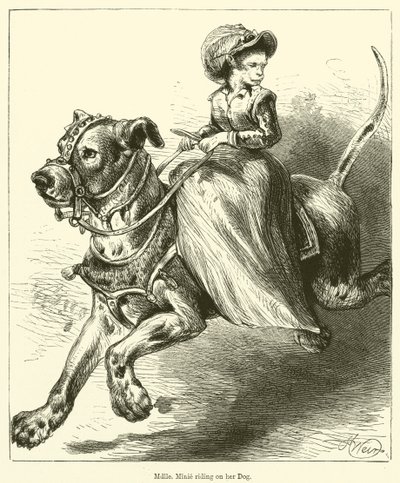Mademoiselle Minie reitet auf ihrem Hund von English School