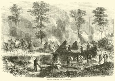 Holzkohleherstellung für Schießpulver, Oktober 1870 von English School