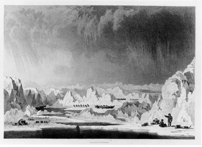 Boote durch Eishaufen manövrieren, Illustration aus Narrative of an Attempt to Reach the North Pole von William Parry, graviert von Edward Finden, veröffentlicht 1828 von English School