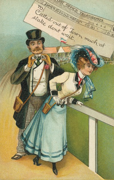 Mann und Freund bei den Rennen (Farblithografie) von English School