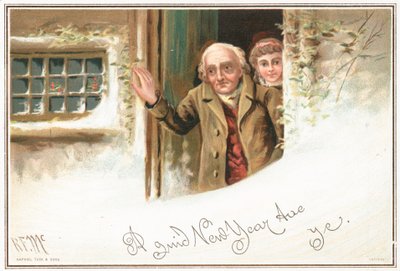 Mann und Mädchen schauen aus der Haustür auf den Schnee, Neujahrskarte von English School