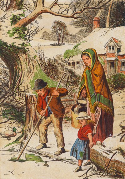 Mann bricht das Eis auf einem zugefrorenen Teich (Farblitho) von English School