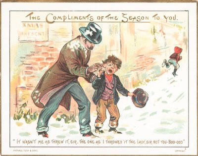 Mann schneidet Jungen Ohr, Weihnachtskarte von English School