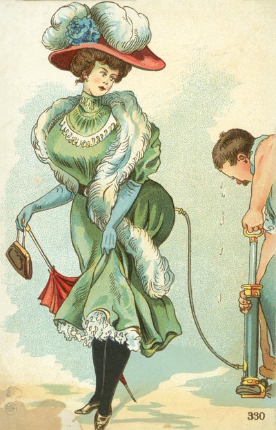 Mann pumpt die Röcke einer edwardianischen Frau auf von English School