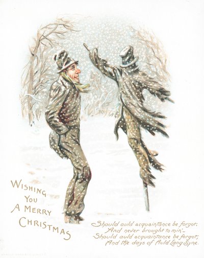Mann schaut auf Vogelscheuche, Weihnachtskarte von English School
