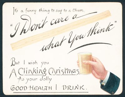 Hand eines Mannes hält Glas, Weihnachtskarte von English School