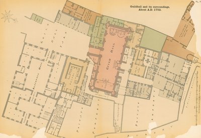 Karte der Guildhall, London, und Umgebung um 1750 von English School