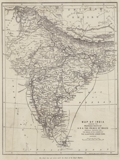 Karte von Indien mit der vorgeschlagenen Route von HRH dem Prinzen von Wales (Gravur) von English School