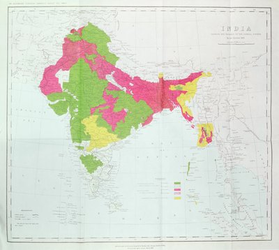 Karte von Indien, die den Fortschritt der kaiserlichen Vermessungen zeigt, veröffentlicht unter der Leitung von Oberst H.R. Thuillier, R.E., Generalvermesser von Indien, 1888 von English School