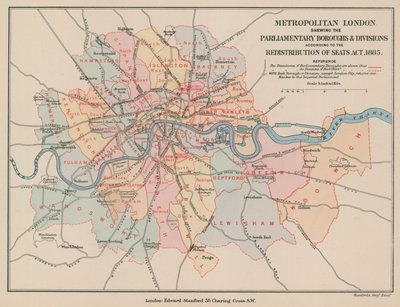 Karte von Metropolitan London mit den Parlamentsbezirken und -teilungen, 1885 von English School