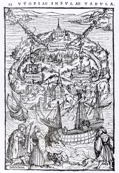 Karte der Insel Utopia, Buchfrontispiz von English School