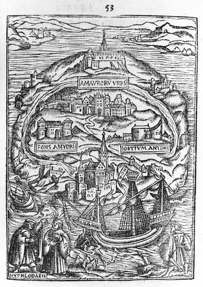 Karte der Insel Utopia, Buchfrontispiz, 1563 von English School