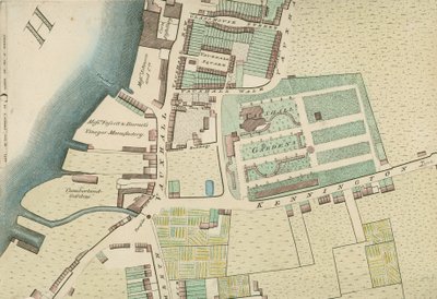 Karte, die den Standort der Vauxhall Gardens, London zeigt von English School