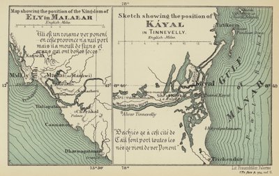 Karte, die die Position des Königreichs Ely in Malabar zeigt, Skizze, die die Position von Kayal in Tinnevelly zeigt (Farblithographie) von English School