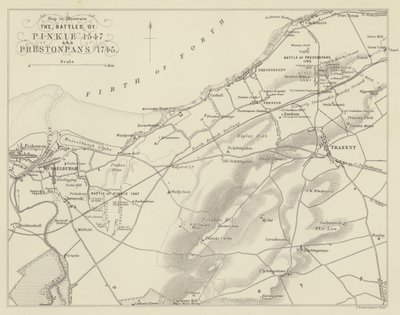 Karte zur Veranschaulichung der Schlachten von Pinkie 1547 und Prestonpans 1745 von English School