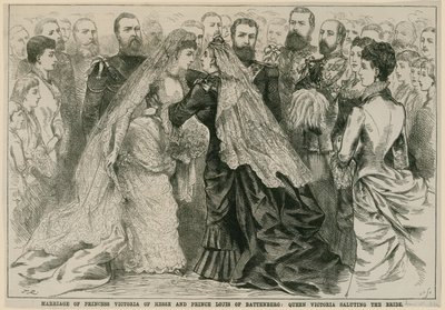 Heirat von Prinzessin Victoria von Hessen und Prinz Louis von Battenberg, Königin Victoria grüßt die Braut, 16. Mai 1884 von English School