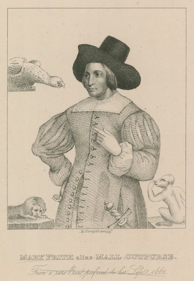 Mary Frith, alias Moll Curpurse, nach einem seltenen Druck vorangestellt zu ihrem Leben, 1662 von English School