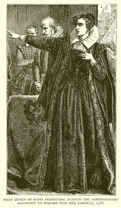 Maria Stuart protestiert gegen die Kommissare, die mit der Untersuchung ihres Verhaltens beauftragt wurden, 1568 von English School