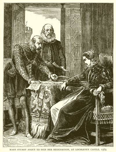 Maria Stuart unterschreibt ihre Abdankung auf Schloss Lochleven, 1567 von English School