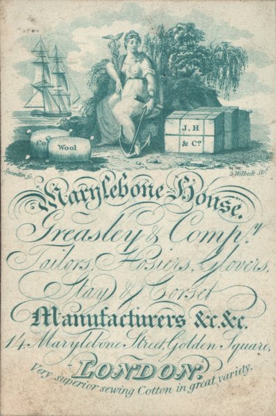 Marylebone House, Greasley & Co, Schneider, Strumpfwaren, Handschuhmacher, Korsettmacher, 14 Marylebone Street, Golden Square, Visitenkarte von English School