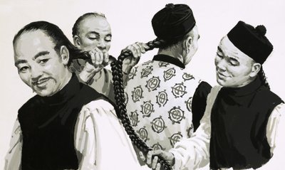Messen der Zöpfe eines Chinesen von English School