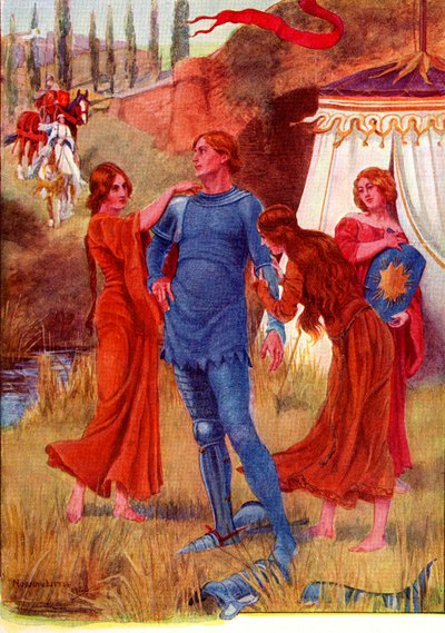 Mittelalterlicher Ritter, Morgenstern wird für die Schlacht vorbereitet. Farbige Illustration aus der Geschichte von Gareth und Lynette aus dem Buch The Gateway to Tennyson, veröffentlicht 1910. von English School