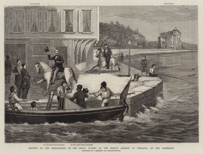 Treffen der Botschafter der Großmächte in der französischen Botschaft in Therapia am Bosporus (Gravur) von English School