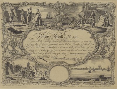 Mitgliedszertifikat der New York Marine Society, 1773 von English School