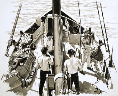 Männer an Bord eines Segelschiffs von English School