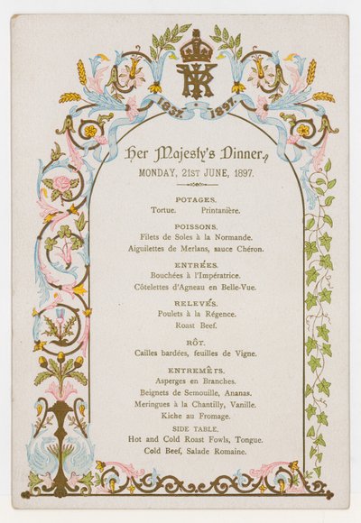 Menü für das Abendessen von Königin Victoria am Montag, 21. Juni 1897, dem Tag vor ihrem Diamantenen Jubiläum von English School