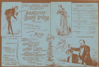 Menü für ein Bankett zu Ehren von Henry Irving, Pen and Pencil Club, Glasgow, 15. September 1887 von English School