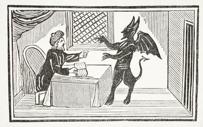 Mephistopheles kommt zum Haus des Doktors, Illustration aus Chap-books of the Eighteenth Century von John Ashton, veröffentlicht 1882 von English School