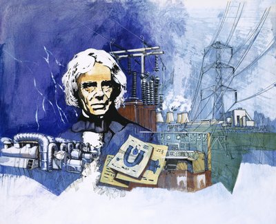 Michael Faraday mit Elektrizitätswerk im Hintergrund von English School